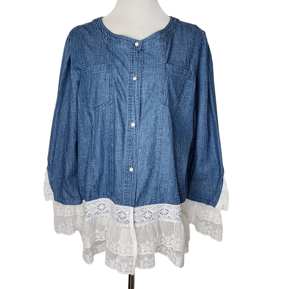 Unbranded denim jacket top blouse with lace trim front buttons 2 pockets sz lrg - Picture 2 of 14